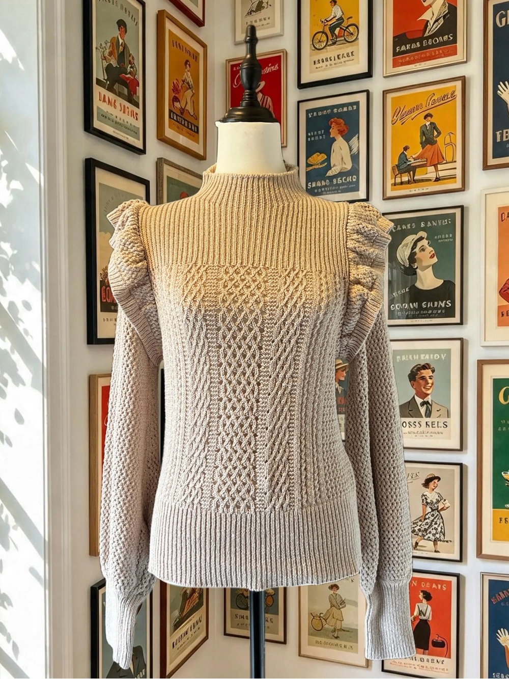 Vintage Style Happy Nature Cream Cable Knit Mock Neck Sweater